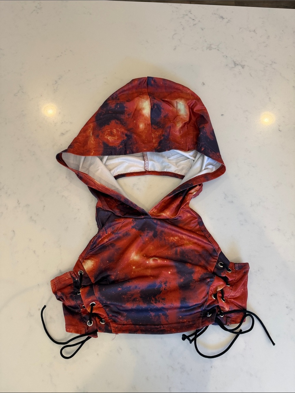 SHEIN Red & Black Galaxy-Print Hooded Crop Top